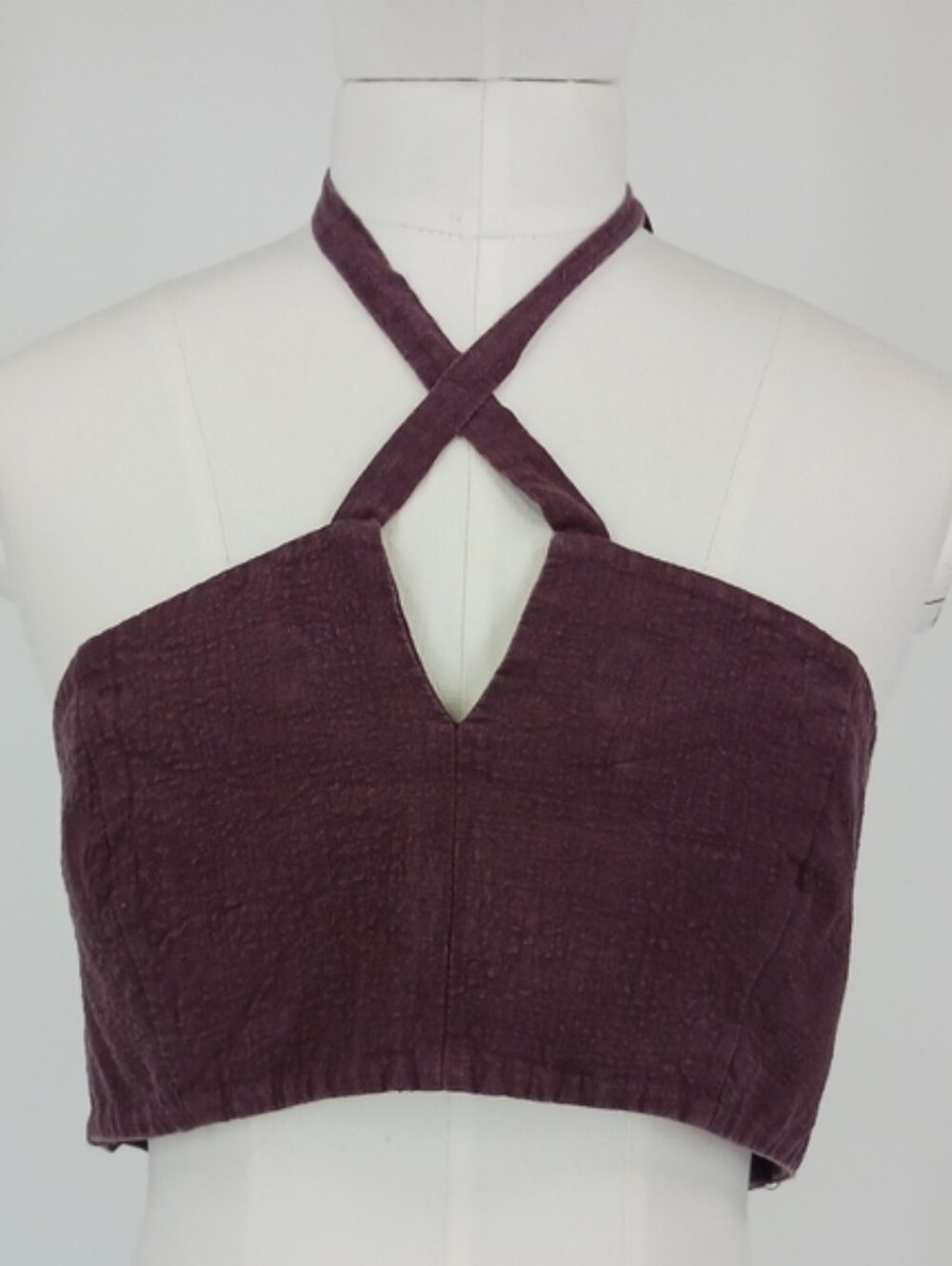 Hoi Bo Linen Burgandy Halter Crop Top Made In Canada Large Natural Slow Plum